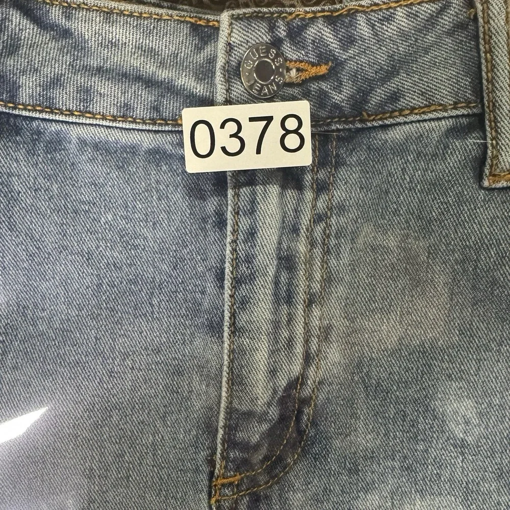 Y2K Guess Jeans Large Mini Denim Skirt Triangle Logo Embellished Trim Distressed
